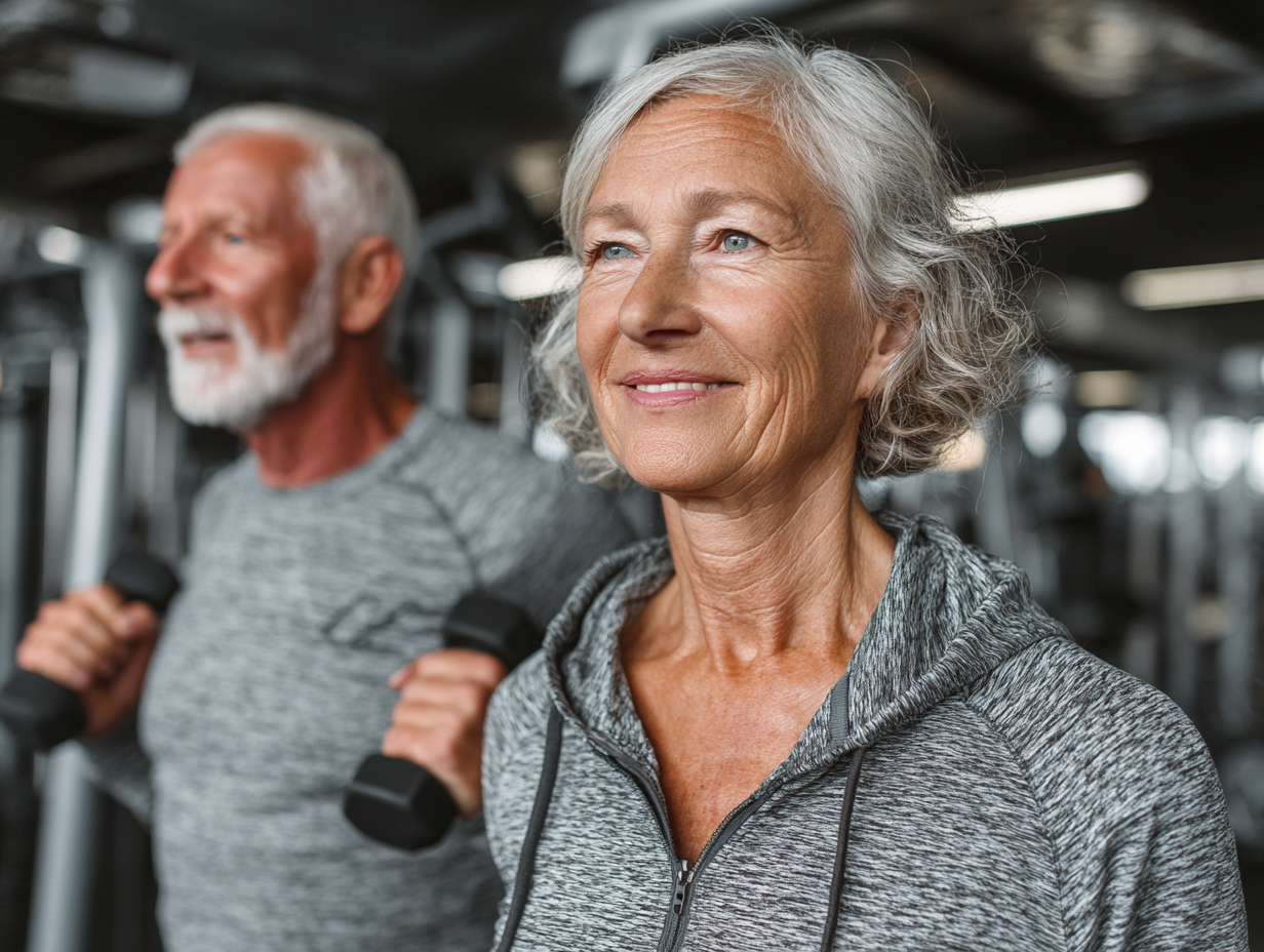 Люди середнього віку займаються фітнесом з використанням сучасних технологій
